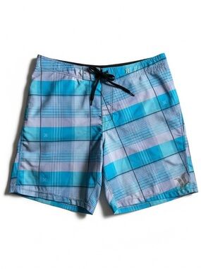 Hurley Phantom Board Shorts Plaid Surf Swim Trunks Blue Gray 36 Waist (Large)